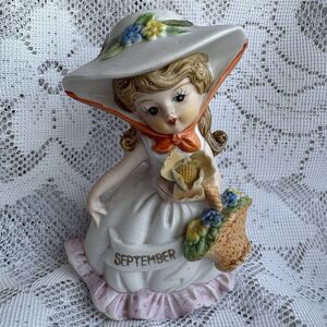 Vintage September Birthday Girl Figurine Ardco Style Lady Hat Flowers 4”